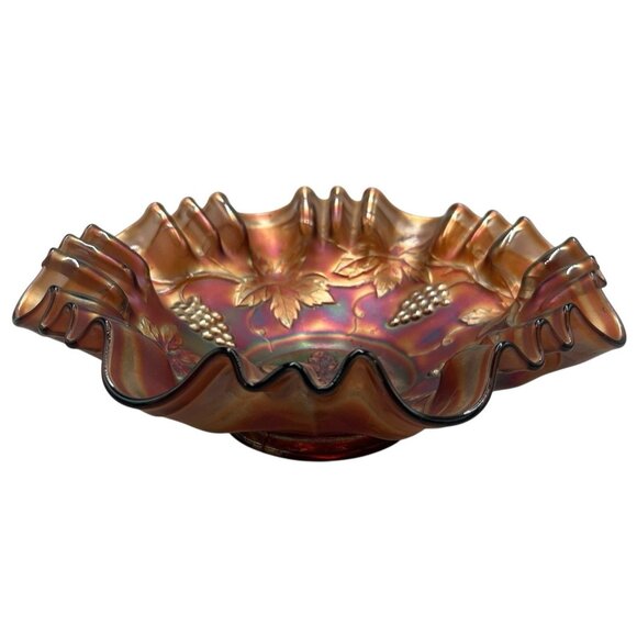 Vtg Fenton Amethyst Carnival Glass Bowl Grapes Leaves Iridescent Ruffled Edge - Picture 3 of 10